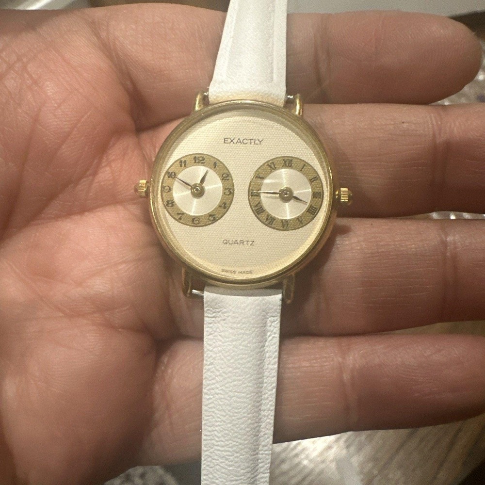 Working Exactly Swiss Made Dual Time Shell 29mm Ladies Watch White Band‎ Rare